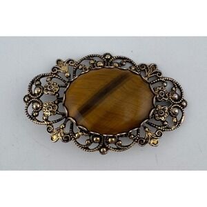 Oval Tiger Eye Brooch Ornate Filigree Setting Gold Tone Vintage